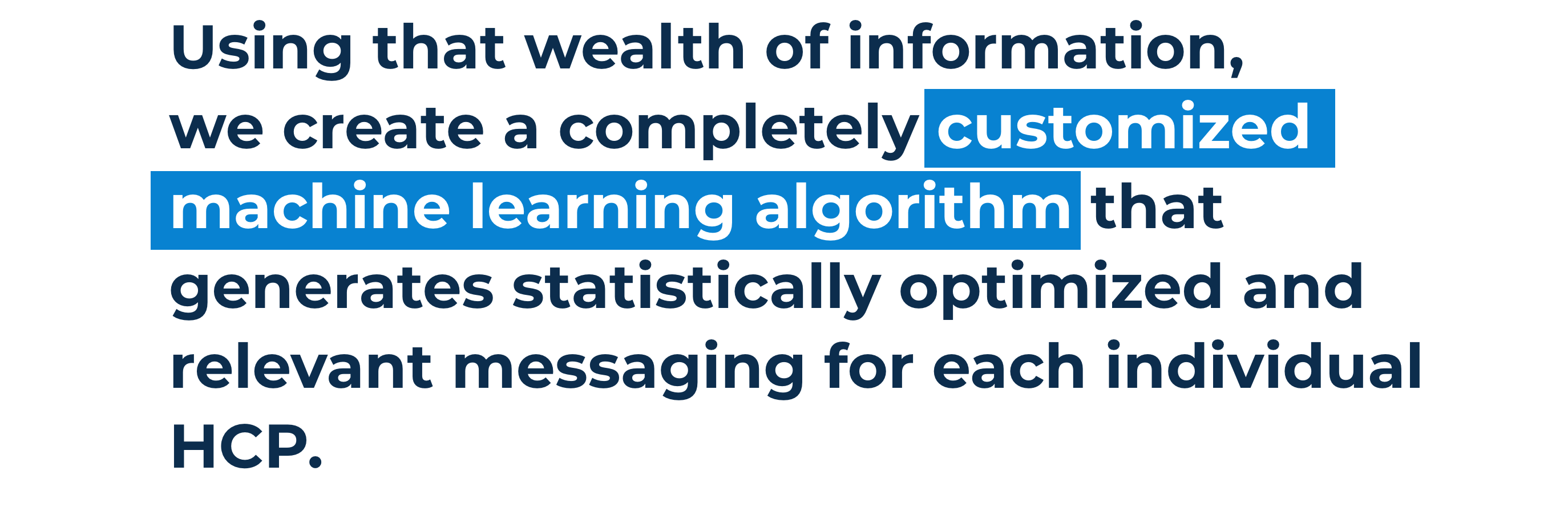 Using that wealth of information, we create a completely customized machine learning algorithm that generates statistically optimized and relevant messaging for each individual HCP.