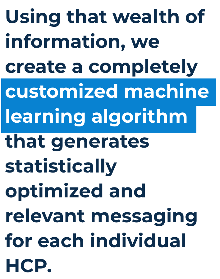 Using that wealth of information, we create a completely customized machine learning algorithm that generates statistically optimized and relevant messaging for each individual HCP.
